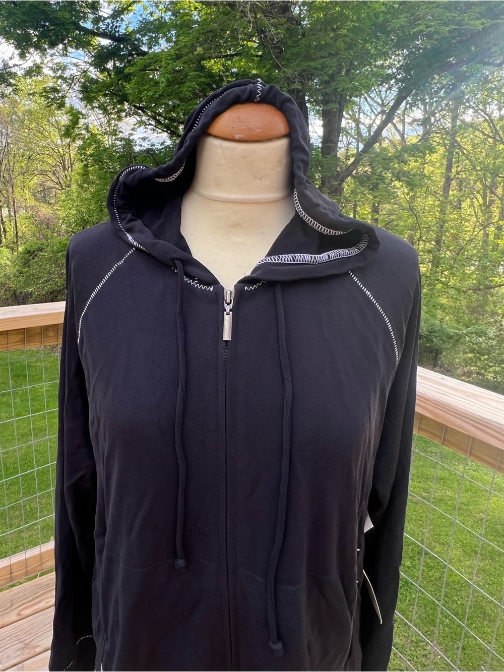 J. Jill Black Hooded Matte Jersey Jacket with Contrast Topstitching - Picture 3 of 11
